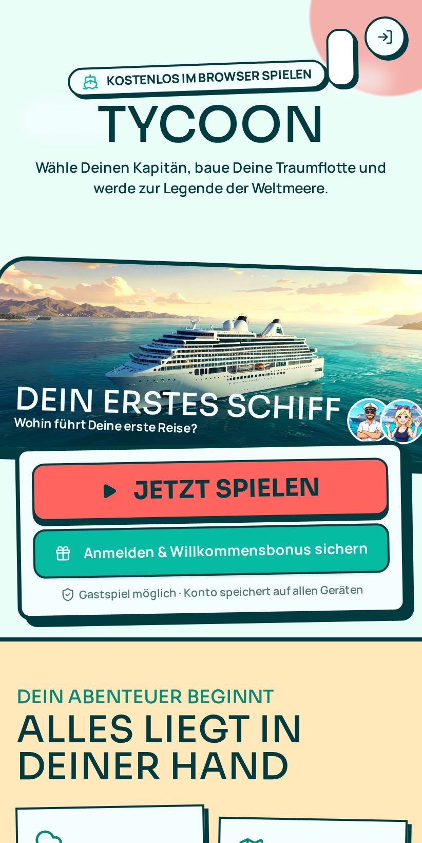 Startbildschirm von AhoiKreuzfahrt Tycoon mit dem ersten Kreuzfahrtschiff
