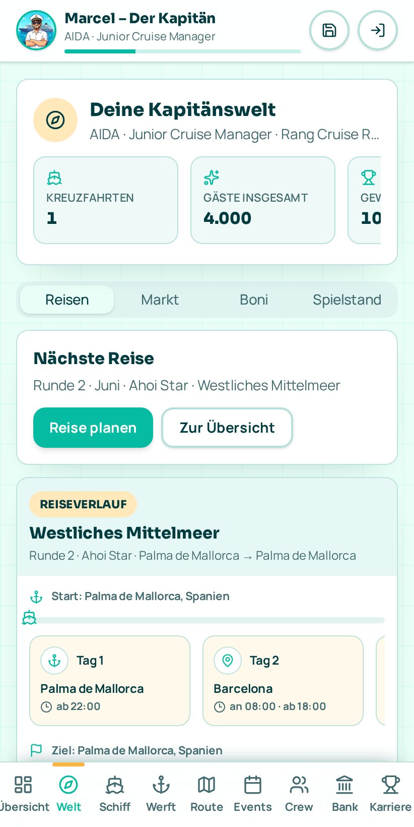 Kapitänswelt mit Reiseverlauf, Tagesstopps und Statistiken